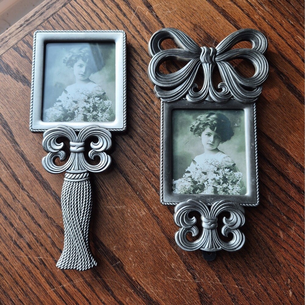 Vtg Pewter Mini Picture Frames Pair Victorian Revival Bow Tassel Coquette READ